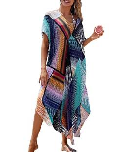 Jarseila Damen Boho Kaftan Strandkleid Maxi Langes Sarong Pareo Vertuschungen Blumenmuster Sommerkleid Strand Bikini Cover Up Beach Dresses #C-Geometrisches Quadrat Blau von Jarseila