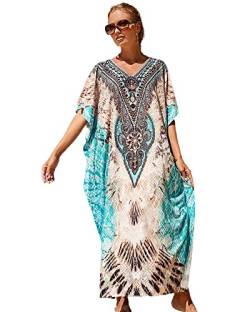 Jarseila Damen Boho Kaftan Strandkleid Maxi Langes Sarong Pareo Vertuschungen Blumenmuster Sommerkleid Strand Bikini Cover Up Beach Dresses #D-Netzmuster blau und weiß von Jarseila