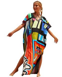 Jarseila Damen Boho Kaftan Strandkleid Maxi Langes Sarong Pareo Vertuschungen Blumenmuster Sommerkleid Strand Bikini Cover Up Beach Dresses #E-Rot im Mondrian-Stil von Jarseila