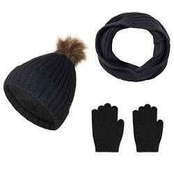 Jarseila Damen Bommel Mütze Schal und Handschuhe Set Strickmütze Wintermütze Loop Schal Touchscreen Handschuhe mit Fleecefutter Blau von Jarseila