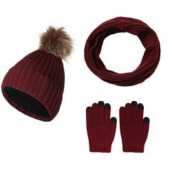 Jarseila Damen Bommel Mütze Schal und Handschuhe Set Strickmütze Wintermütze Loop Schal Touchscreen Handschuhe mit Fleecefutter Rot von Jarseila