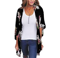 Jarseila Damen Cardigan Chiffon Bolero Florale Kimono Sommer Strand Bikini Cover Up Lose Bluse Tops Boho Leicht Casual 3/4 Ärmel Leichte Beachwear #A-Schwarz S von Jarseila