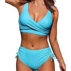 Jarseila Damen Push Up Bikini Set Crossover Bikini Zweiteiler Badeanzug Sexy V Ausschnitt Bikini High Waist Bademode #A-Blau L von Jarseila