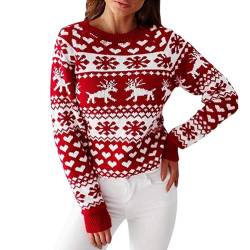 Jarseila Damen Weihnachtspullover Lustig Strickpullover Herren Christmas Sweater Chunky Gestrickter Pullover Rentier Schneeflocke für Party Weihnachten Geschenk Rot XXL von Jarseila