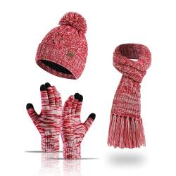 Jarseila Damen Winter Warme Mütze und Schal Set Fleece Slouch Strickschal Beanie Mütze Lang Winterschal und Touchscreen Handschuhe Geschenk Rot von Jarseila