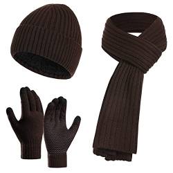 Jarseila Herren Mütze Schal und Handschuhe Set Winter Warme Wintermütze Touchscreen Handschuhe Winterschal Beanie mit Fleecefutter Strickmütze Unisex Braun von Jarseila