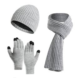 Jarseila Herren Mütze Schal und Handschuhe Set Winter Warme Wintermütze Touchscreen Handschuhe Winterschal Beanie mit Fleecefutter Strickmütze Unisex Hellgrau von Jarseila