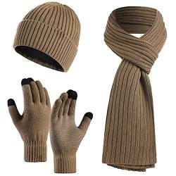 Jarseila Herren Mütze Schal und Handschuhe Set Winter Warme Wintermütze Touchscreen Handschuhe Winterschal Beanie mit Fleecefutter Strickmütze Unisex Khaki von Jarseila