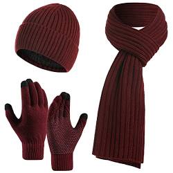 Jarseila Herren Mütze Schal und Handschuhe Set Winter Warme Wintermütze Touchscreen Handschuhe Winterschal Beanie mit Fleecefutter Strickmütze Unisex Rot von Jarseila