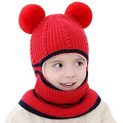 Jarseila Kinder Mütze Schal Set Mädchen Wintermütze Baby Warm Niedlich Schlupfmütze mit Bommel Beanie Jungen Strickmütze 2-5 Jahren Rot von Jarseila