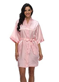 Jarseila Morgenmantel Damen Satin Kimono Robe Bademantel Kurz Weiter Ärmel Robe Kimono mit Gürtel V-Ausschnitt Nachthemd Rosa XXL von Jarseila