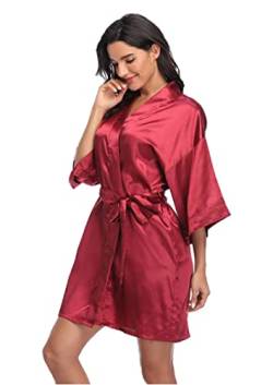 Jarseila Morgenmantel Damen Satin Kimono Robe Bademantel Kurz Weiter Ärmel Robe Kimono mit Gürtel V-Ausschnitt Nachthemd Rot M von Jarseila