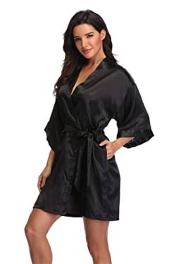 Jarseila Morgenmantel Damen Satin Kimono Robe Bademantel Kurz Weiter Ärmel Robe Kimono mit Gürtel V-Ausschnitt Nachthemd Schwarz M von Jarseila