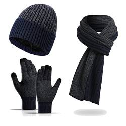 Jarseila Mütze Schal Handschuhe Set Herren Wintermütze Touchscreen Handschuhe Lange Schal Damen Winter Warme 3 in 1 Set Unisex Strickmütze Beanie Blau von Jarseila