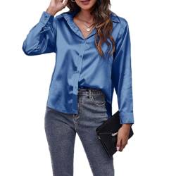 Jarseila Satin Bluse Damen Casual Seidenbluse Elegant Langarmshirt V-Ausschnitt Oberteile Damen Top Hemden Einfarbig Blau XL von Jarseila