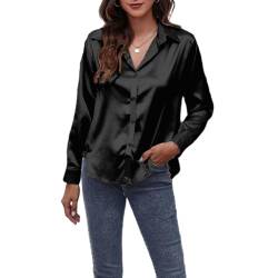 Jarseila Satin Bluse Damen Casual Seidenbluse Elegant Langarmshirt V-Ausschnitt Oberteile Damen Top Hemden Einfarbig Schwarz XXL von Jarseila