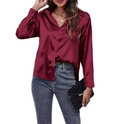 Jarseila Satin Bluse Damen Casual Seidenbluse Elegant Langarmshirt V-Ausschnitt Oberteile Damen Top Hemden Einfarbig Wein S von Jarseila