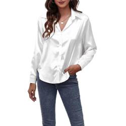 Jarseila Satin Bluse Damen Casual Seidenbluse Elegant Langarmshirt V-Ausschnitt Oberteile Damen Top Hemden Einfarbig Weiß L von Jarseila