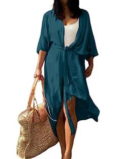 Jarseila Strandkleid Damen Sommer Kaftan Cardigan Lose Strand Strickjacke Bikini Cover Up Casual Maxi Strandkleid Elegante Beachwear Tinte blau von Jarseila