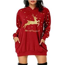 Jarseila Weihnachtspullover Damen Lustig Christmas Sweater Übergröße Pullover Rundhalsausschnitt Hoodie Xmas Rentier Schneeflocke Weihnachten Geschenk Goldener Rentier - Rot L von Jarseila