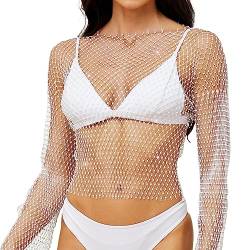 JasGood Strass Glänzendes Mesh Körper Kette Tops für Frauen Funkelnde Bikini Crop Top für Nachtclub Party Festival von JasGood