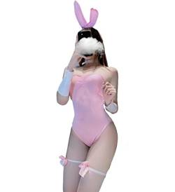 Damen Sexy Bunny Cosplay Dessous Naughty Maid Kostüm Pink Sheer Bodysuit Kawaii Anime Rollenspiel Outfit mit Strumpf von JasmyGirls