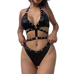 JasmyGirls Damen Cowgirl Kostüm Leder Bikini Sexy Devil Cosplay Dessous Nieten Bandage Outfit 2 Stück Badeanzug mit hoher Taille von JasmyGirls