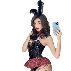 JasmyGirls Damen Sexy Bunny Kostüm Anime Cosplay Dessous Kawaii Maid Outfit Leder Einteiler Bodysuit Freches Kaninchen Rollenspiel von JasmyGirls