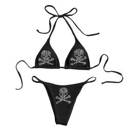 JasmyGirls Goth Badeanzüge für Frauen Y2k Kleidung Gothic Badeanzug Sexy Skull Triangle Tanga Bikini 2 Stück Strass Rave Sets von JasmyGirls