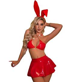 Sexy Bunny Kostüme für Frauen Freche Cosplay Dessous Anime Leder Bikini Rave Maid Outfit Latex BH Mini Rock Set von JasmyGirls