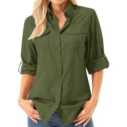 Safari-Sonnenhemden für Damen, LSF 50+, UV-Sonnenschutz, langärmelig, schnelltrocknend, Angeln, Wandern, Gartenarbeit, Grün (Army Green), XX-Large von Jawtut