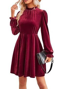 JayscreateEU Damen Smatkleid Kleid Damen A-Linie Hohe Taille Herbstkleid winterkleid Kurzkleid Elegant Partykleid Knielang Festlich Kleid Langarm Damen Weihnachtskleid Damen,Rot,L von JayscreateEU