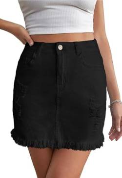 JayscreateEU Damen Sommerrock Jeansrock Enger Rock Minirock mit Tasche Hüftrock A-Linie Rock mit Taschensaum Rock mit Fransen,Schwarz,XXL von JayscreateEU