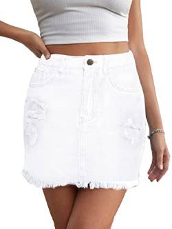 JayscreateEU Damen Sommerrock Jeansrock Enger Rock Minirock mit Tasche Hüftrock A-Linie Rock mit Taschensaum Rock mit Fransen,Weiß,XL von JayscreateEU