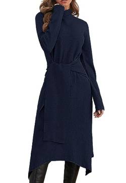 JayscreateEU Damen Strickkleid Winter Kleid Herbst Damen Winterkleider Herbstkleid Midikleid Pulloverkleid Mit Rollkragen Langarm Kleid Mit Gürtel Warmer Kleid A-Linie，Blau，S von JayscreateEU