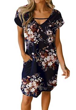 JayscreateEU Damenkleid Sommerkleid Tunikakleid T-Shirtkleid Knielanges Kleid A-Linie Kurzarm Kleid Freizeitkleid V-Ausschnitt Kleid mit Taschen Strandkleid Umstandskleid，Blaupause，XL von JayscreateEU