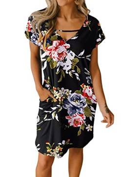 JayscreateEU Damenkleid Sommerkleid Tunikakleid T-Shirtkleid Knielanges Kleid A-Linie Kurzarm Kleid Freizeitkleid V-Ausschnitt Kleid mit Taschen Strandkleid Umstandskleid，Schwarzer Druck，XXL von JayscreateEU