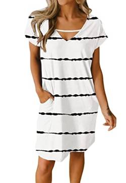 JayscreateEU Damenkleid Sommerkleid Tunikakleid T-Shirtkleid Knielanges Kleid A-Linie Kurzarm Kleid Freizeitkleid V-Ausschnitt Kleid mit Taschen Strandkleid Umstandskleid Casual Kleider ，Weiß，S von JayscreateEU