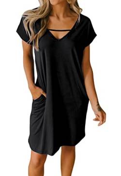 JayscreateEU Damenkleid Sommerkleid Tunikakleid T-Shirtkleid Knielanges Kleid A-Linie Kurzarm Kleid V-Ausschnitt Kleid mit Taschen Strandkleid Umstandskleid Casual Kleider,Schwarz，L von JayscreateEU