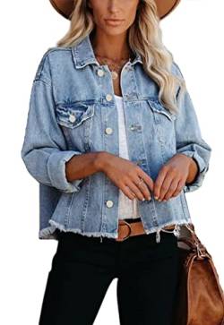 JayscreateEU Female Jeansjacke Kurze jacke Denim Jean Mantel Outwear Lange Ärmel Damen Jeansjacke mit Knöpfen Winter Herbst jacke Kanten und Waschen mit Tasche,Grau,S von JayscreateEU