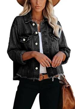 JayscreateEU Female Jeansjacke Kurze jacke Denim Jean Mantel Outwear Lange Ärmel Damen Jeansjacke mit Knöpfen Winter Herbst jacke Kanten und Waschen mit Tasche,Schwarz,L von JayscreateEU