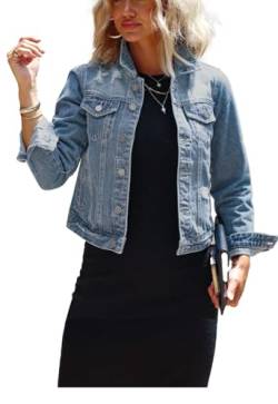 JayscreateEU jeansjacke damen kurz Denim Jacke jeansjacke sommer jeansjacke lange Ärmel Umlegekragen oversize Jeansjacke mit Taschen Jean Herbst Mantel Outwear ，Grau，L von JayscreateEU