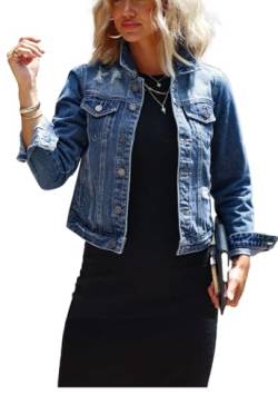 JayscreateEU jeansjacke damen kurz Denim Jacke jeansjacke sommer jeansjacke lange Ärmel Umlegekragen oversize Jeansjacke mit Taschen Jean Herbst Mantel Outwear ，Navy blau，M von JayscreateEU