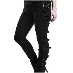 Jaysis Damen Gothic Hose Punk Sexy Leggings High Waist Elastische Taille mit Bauchkontrolle Bleistifthosen Niet Steampunk Strumpfhose Militärhosen Sporthosen Gotische Karneval Kostüm, 03schwarz, XXL von Jaysis