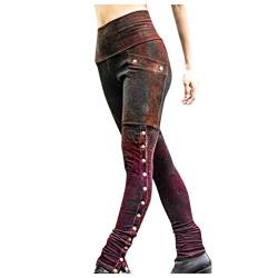 Jaysis Damen Gothic Hose Punk Sexy Leggings High Waist Elastische Taille mit Bauchkontrolle Bleistifthosen Niet Steampunk Strumpfhose Outdoor Militärhosen Sporthosen Gotische Karneval Kostüm, Wein von Jaysis