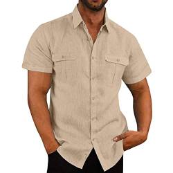 Jayyouu Herren-Button-Down-Hemden Sommermode einfarbig kurzärmelig Baumwoll-Leinen-Hemd Doppeltasche Strand-Freizeithemden Hawaii-Hemden für Herren von Jayyouu