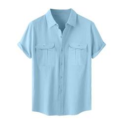 Jayyouu Herren-Button-Down-Hemden Sommermode einfarbig kurzärmelig Baumwoll-Leinen-Hemd Doppeltasche Strand-Freizeithemden Hawaii-Hemden für Herren von Jayyouu