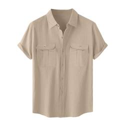 Jayyouu Herren-Button-Down-Hemden Sommermode einfarbig kurzärmelig Baumwoll-Leinen-Hemd Doppeltasche Strand-Freizeithemden Hawaii-Hemden für Herren von Jayyouu