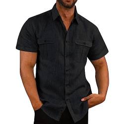Jayyouu Herren-Button-Down-Hemden Sommermode einfarbig kurzärmelig Baumwoll-Leinen-Hemd Doppeltasche Strand-Freizeithemden Hawaii-Hemden für Herren von Jayyouu