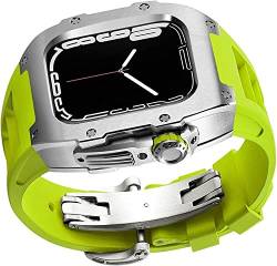 Edelstahl-Uhrengehäuse, Gummi-Uhrenarmband, für Apple Watch Serie 7, 8, 45/44 mm, Uhrenarmband, Mod Kit, Stoßfängergehäuse, Fluorelastomer-Band, Schutz, Uhrenzubehör, 44mm, Achat von Jazoxy